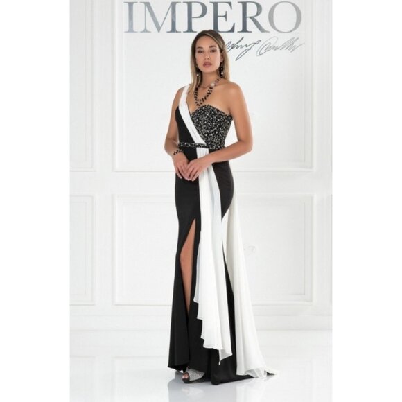 IMPERO COUTURE Euro size 46 Designer Formal Gown Black White Beaded One Shoulder - Picture 12 of 13